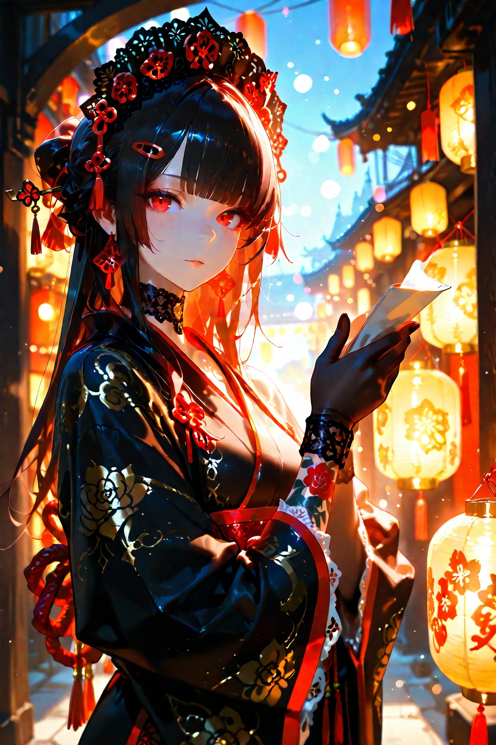 Beautiful dark haired girl in gorgeous black kimono with gold and white floral pattern,  red and white trim,  ornate headd...
