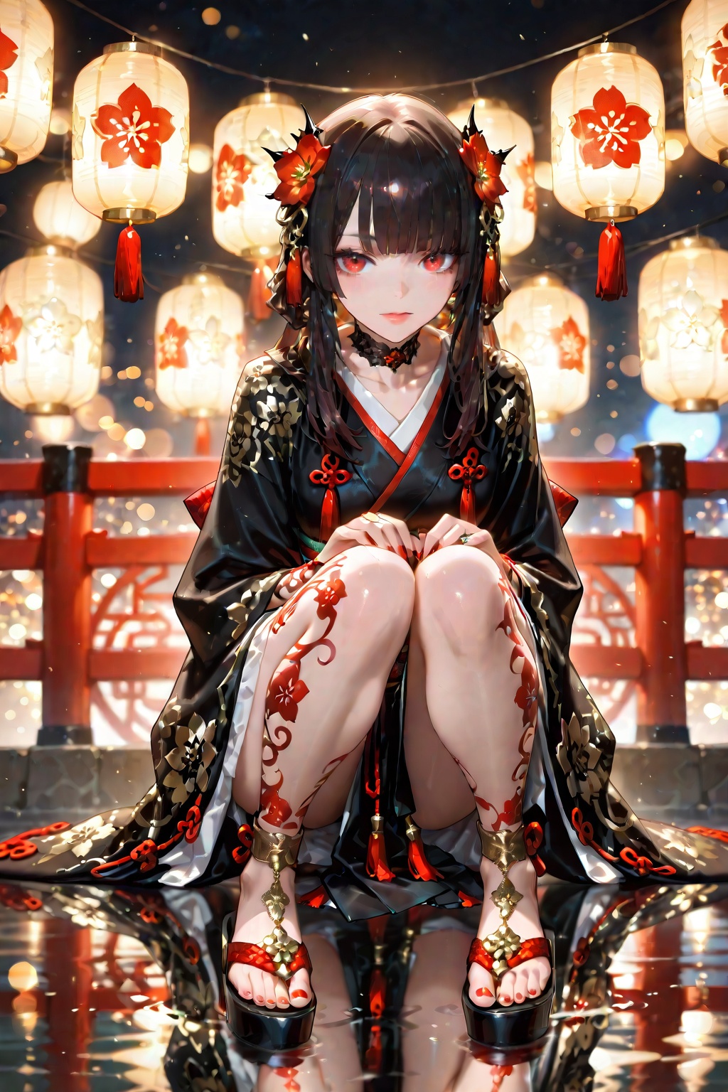 Beautiful dark haired girl in gorgeous black kimono with gold and white floral patterns and red and white trim,  ornate ha...