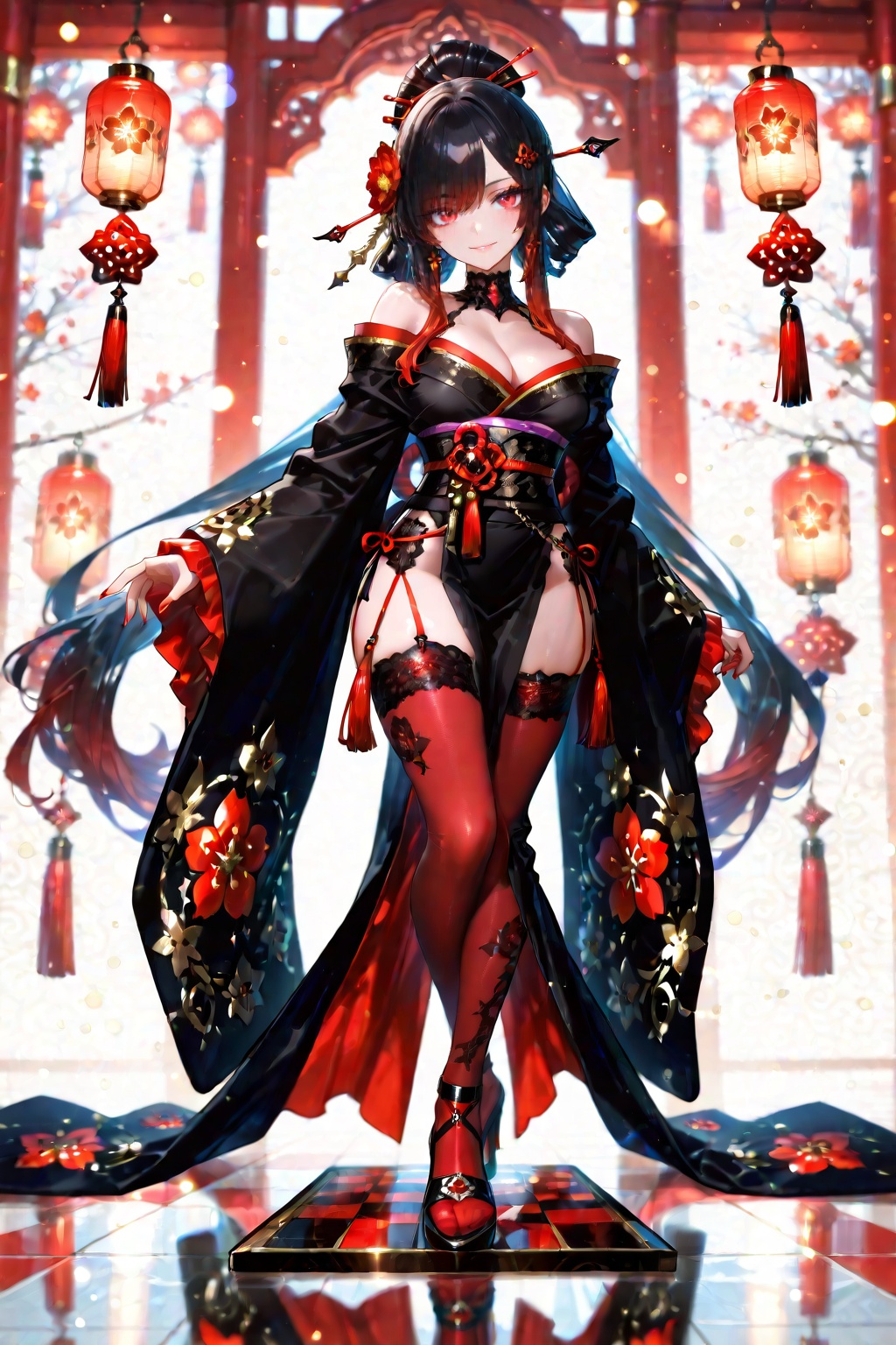 A beautiful dark-haired girl in a gorgeous black kimono decorated with gold and white floral patterns and red accents. Orn...