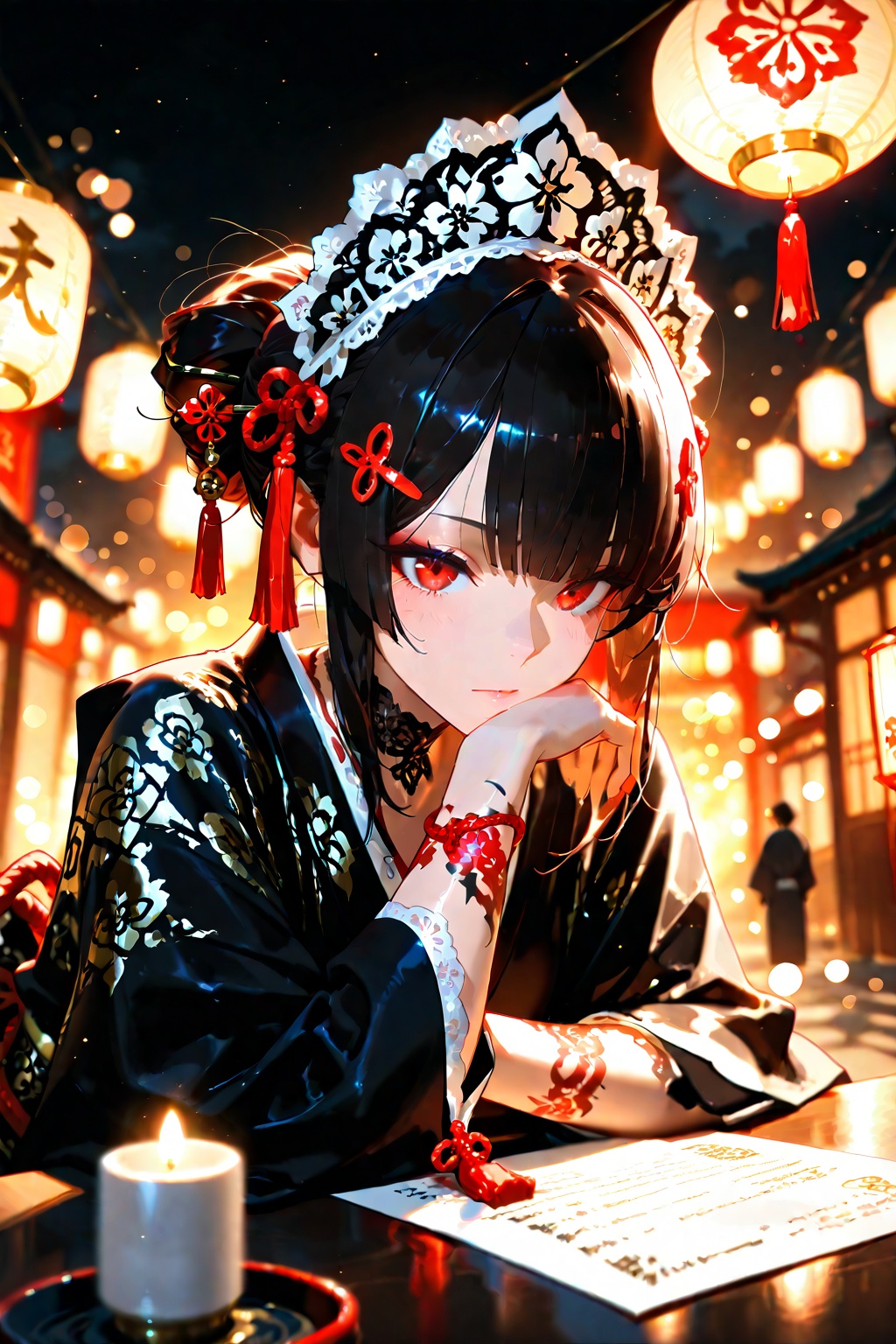 Beautiful dark haired girl in gorgeous black kimono with gold and white floral pattern,  red and white trim,  ornate headd...