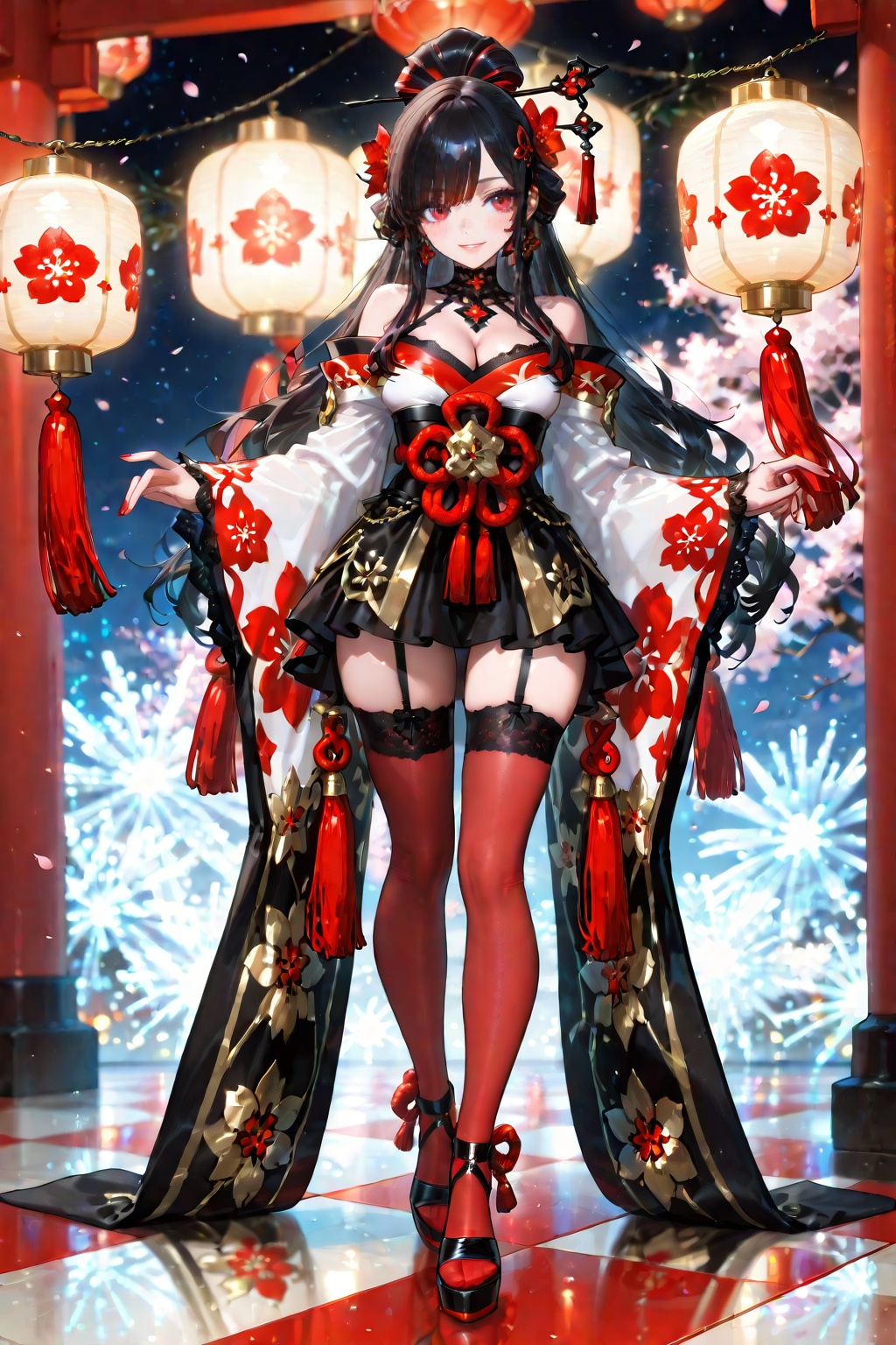 A gorgeous black-haired girl in gold and white floral patterns with red accents. Her hair is ornately decorated with brigh...