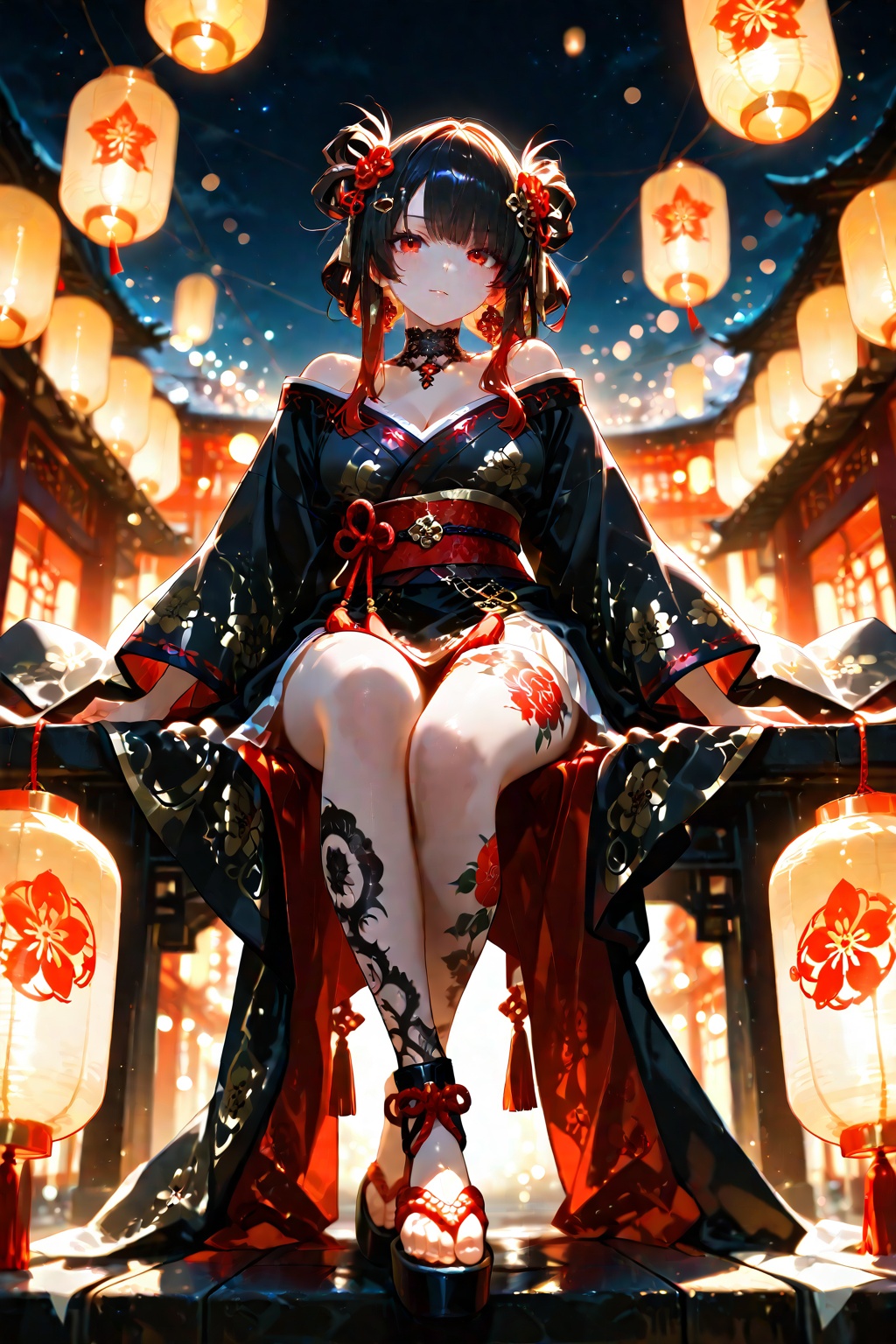 A beautiful dark-haired girl in a gorgeous black kimono with gold and white floral patterns and red and white trim sits gr...