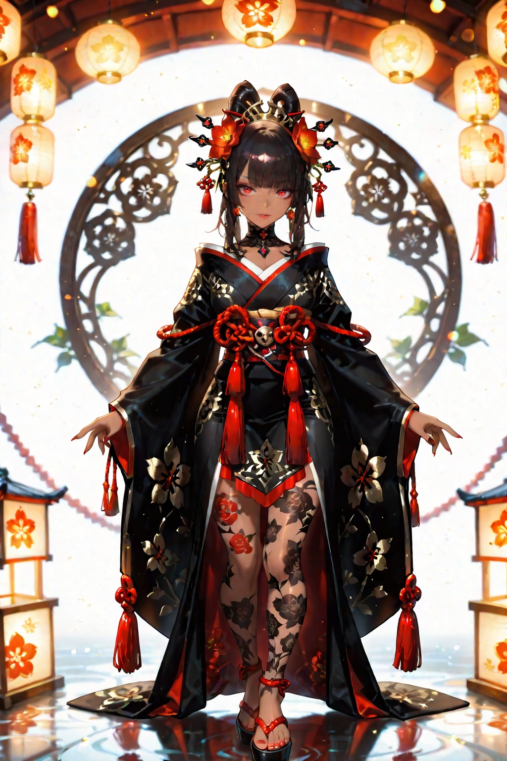 Beautiful dark haired girl in gorgeous black kimono with gold and white floral patterns and red and white trim,  ornate ha...
