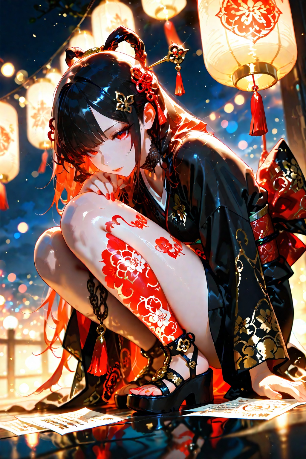 Beautiful dark haired girl in gorgeous black kimono with gold and white floral patterns and red and white trim,  ornate ha...