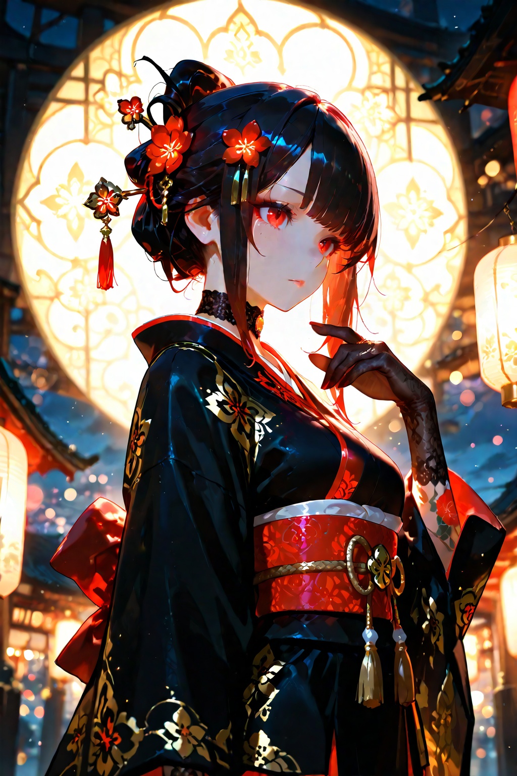 Beautiful dark-haired girl in gorgeous black kimono decorated with gold and white Japanese patterns. Red and white trim,...