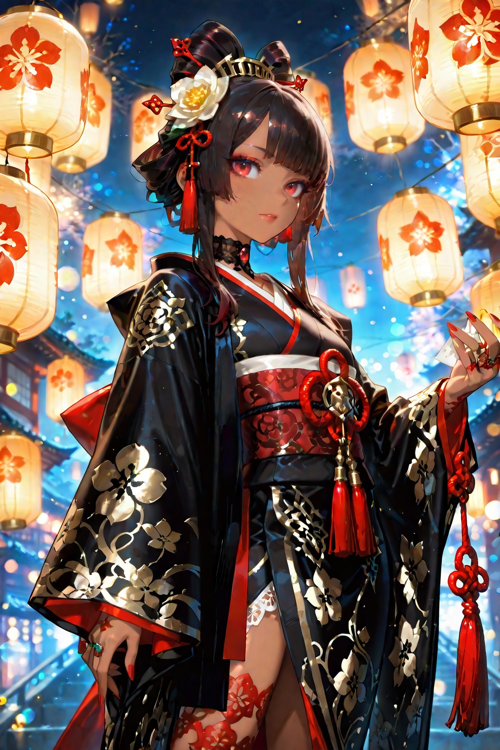 Beautiful dark haired girl in gorgeous black kimono with gold and white floral patterns and red and white trim,  ornate ha...