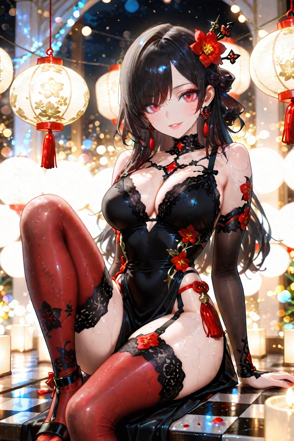 A gorgeous black-haired girl in gold and white floral patterns with red accents. Her hair is ornately decorated with brigh...