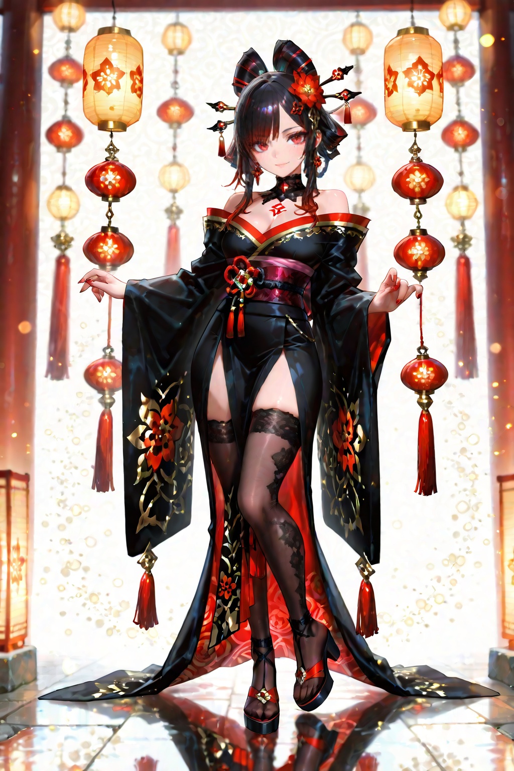 Beautiful dark haired girl with gorgeous black kimono decorated with gold and white floral patterns and red accents,  orna...