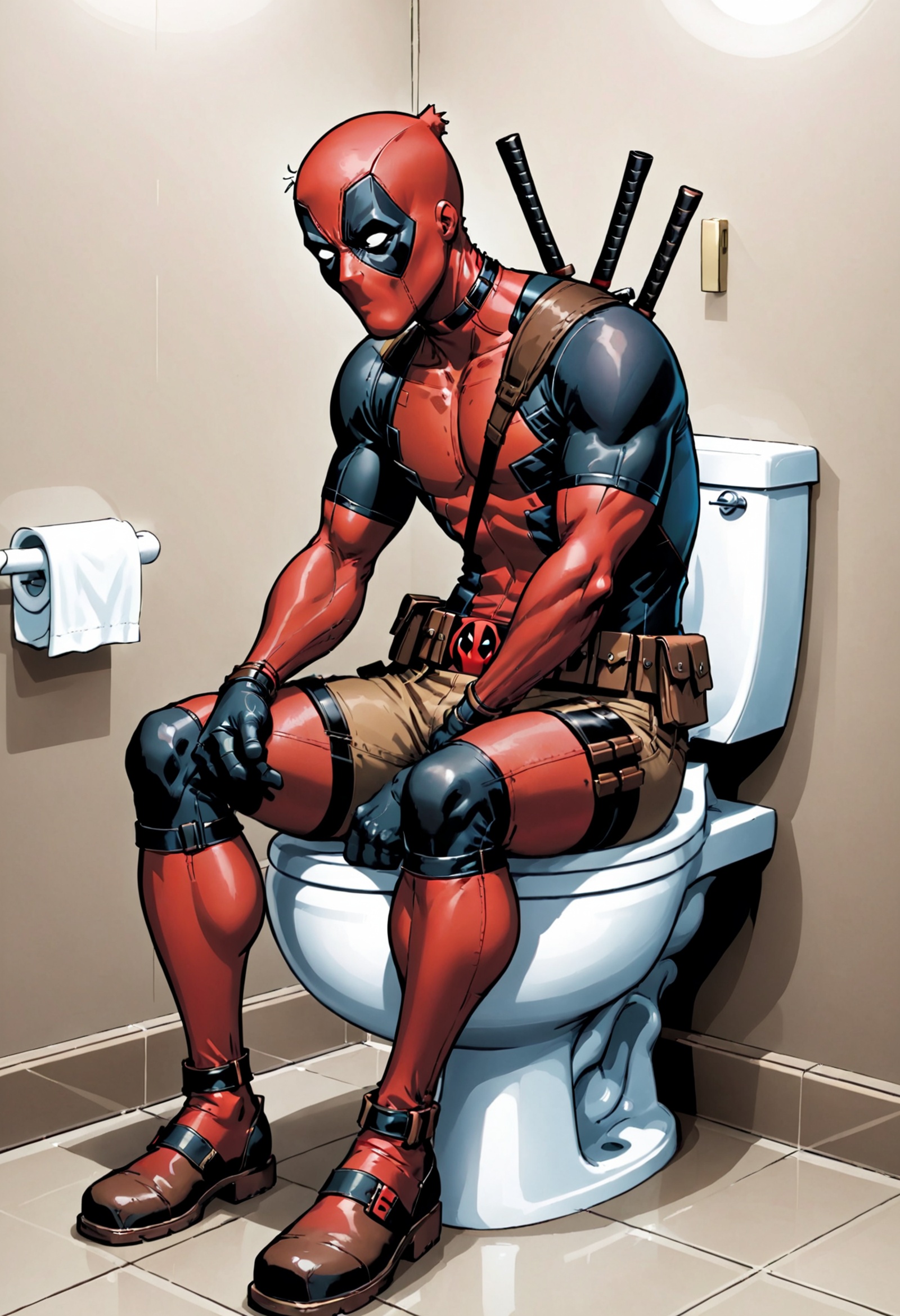 Deadpool sitting on a toilet,  wearing the brown pants on Tensor.Art