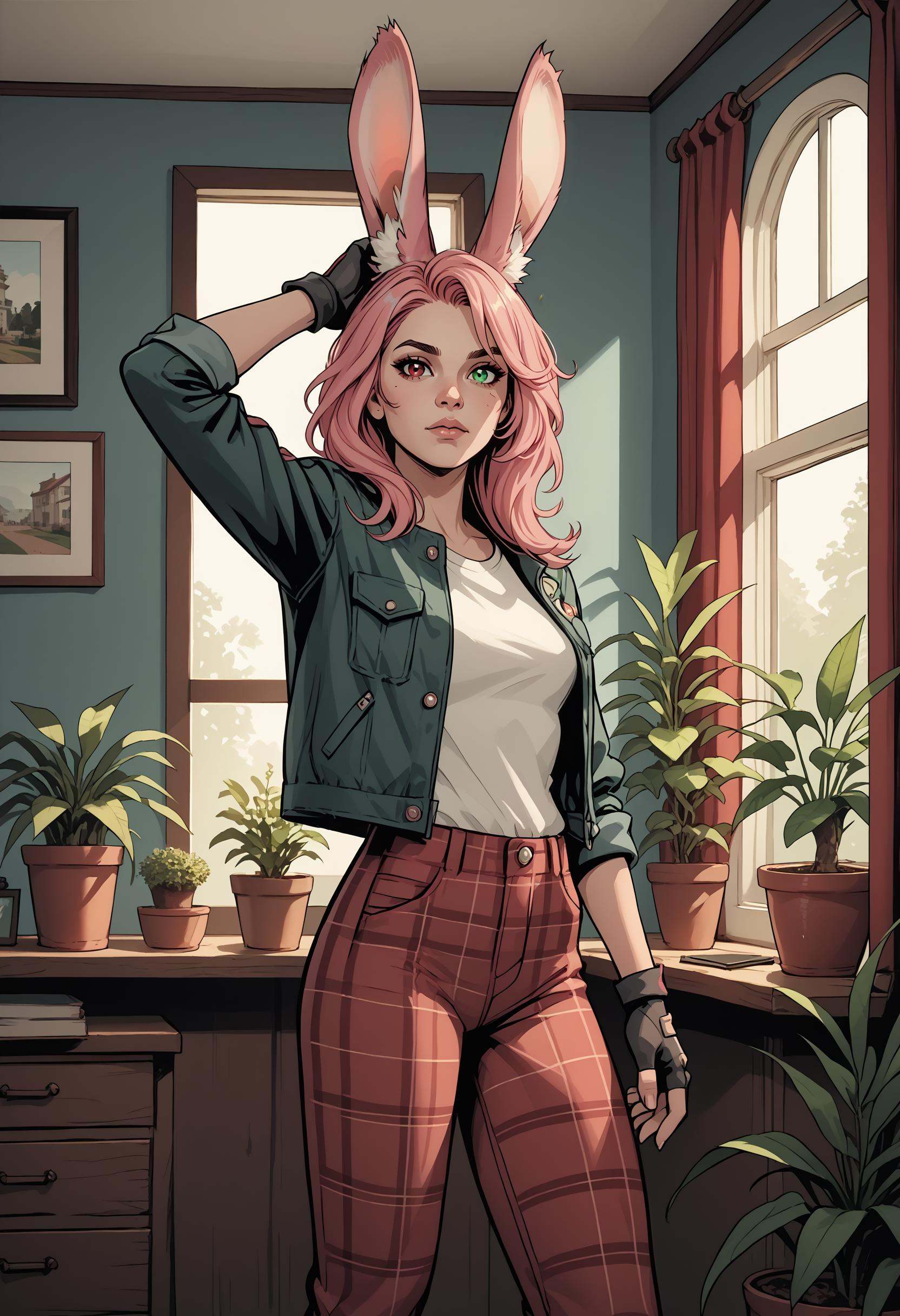 PonyXLV6_Scores 1girl,  animal ears,  arm up on Tensor.Art