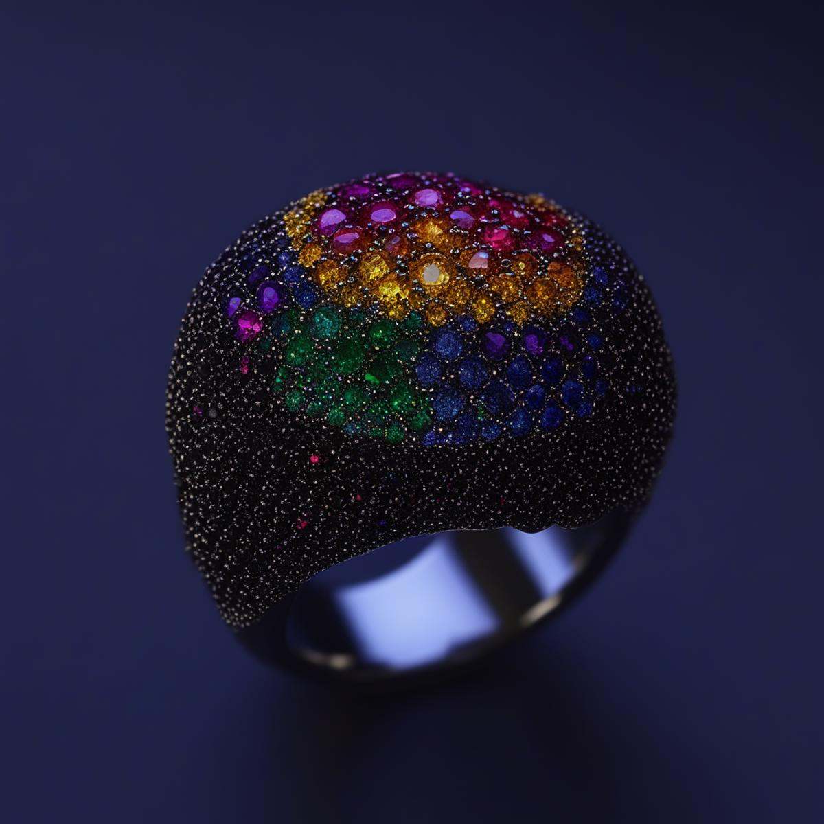 End_JewelryMorph,  a ring with multi colored stones on a black cloth on Tensor.Art