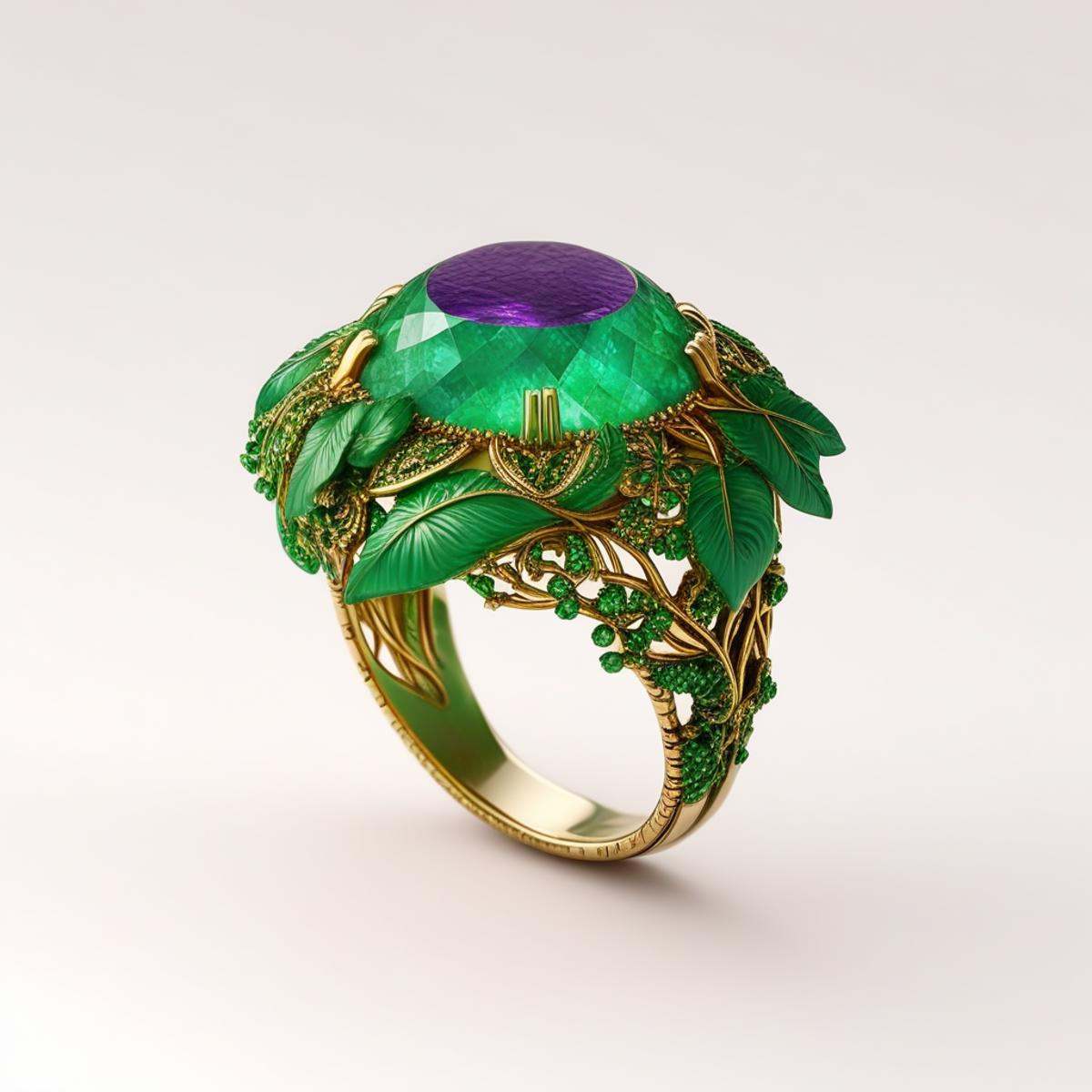 End_JewelryMorph,  a ring with an intricate inset green and purple stone with gold accents surrounded by green leaves on T...