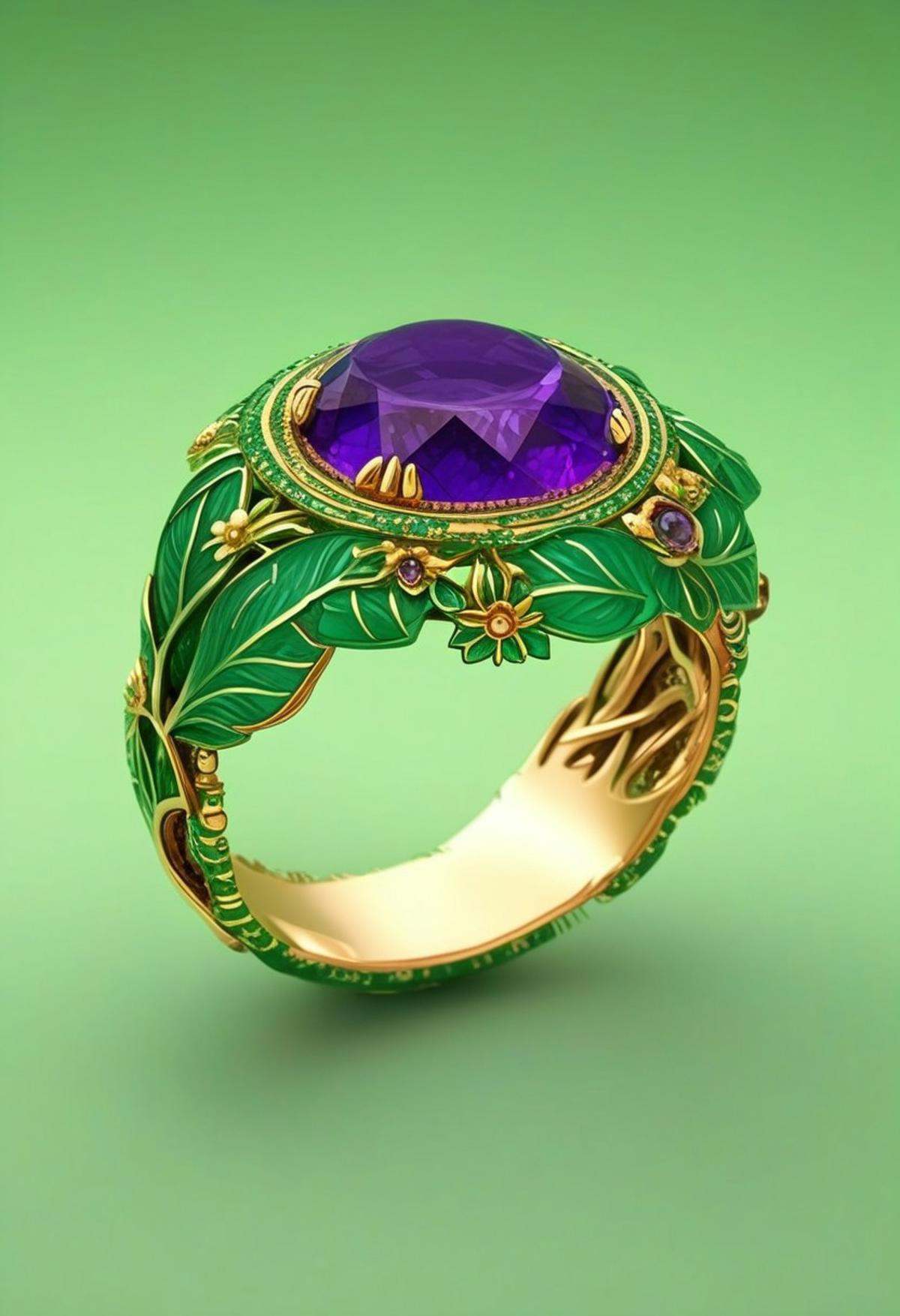 End_JewelryMorph,  a ring with an intricate inset green and purple stone with gold accents surrounded by green leaves on T...