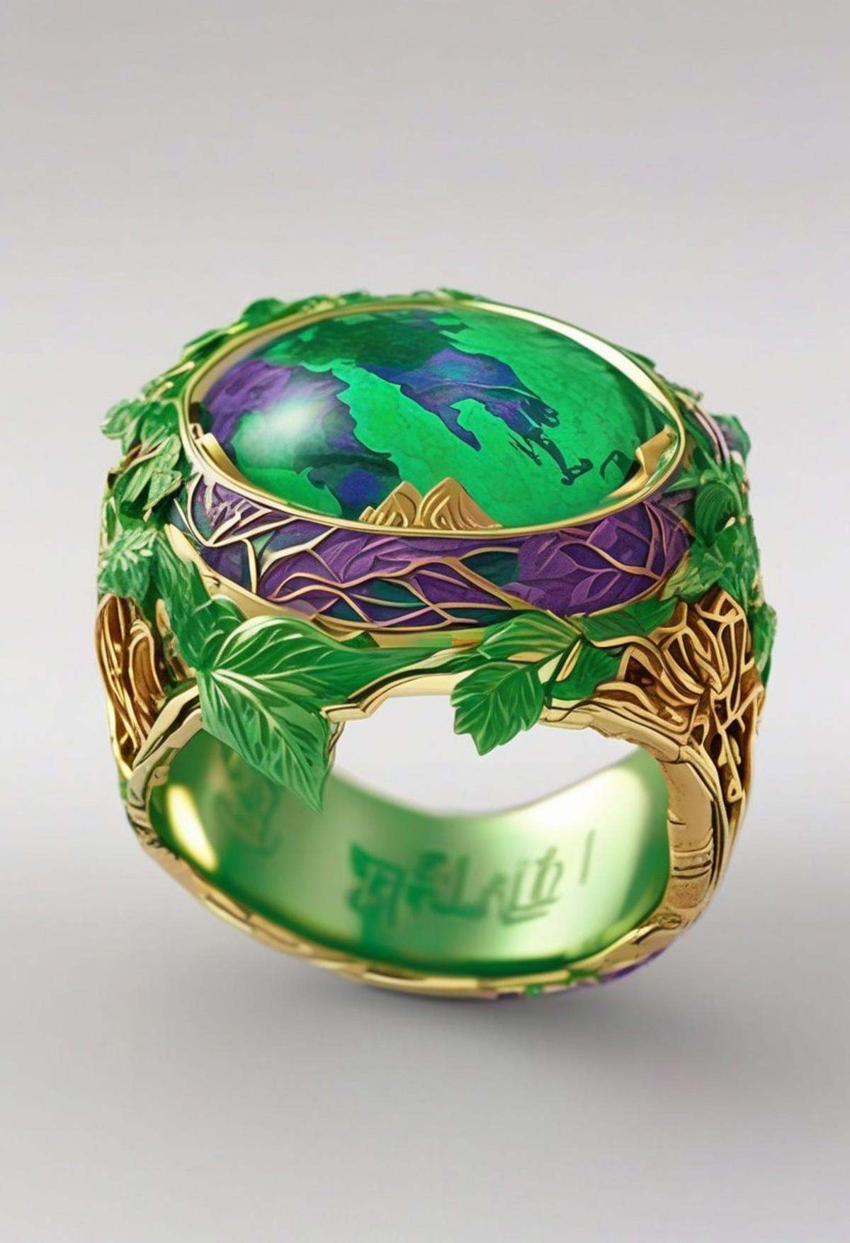 End_JewelryMorph,  a ring with an intricate depiction of the earth inside a green and purple inset stone with gold accents...