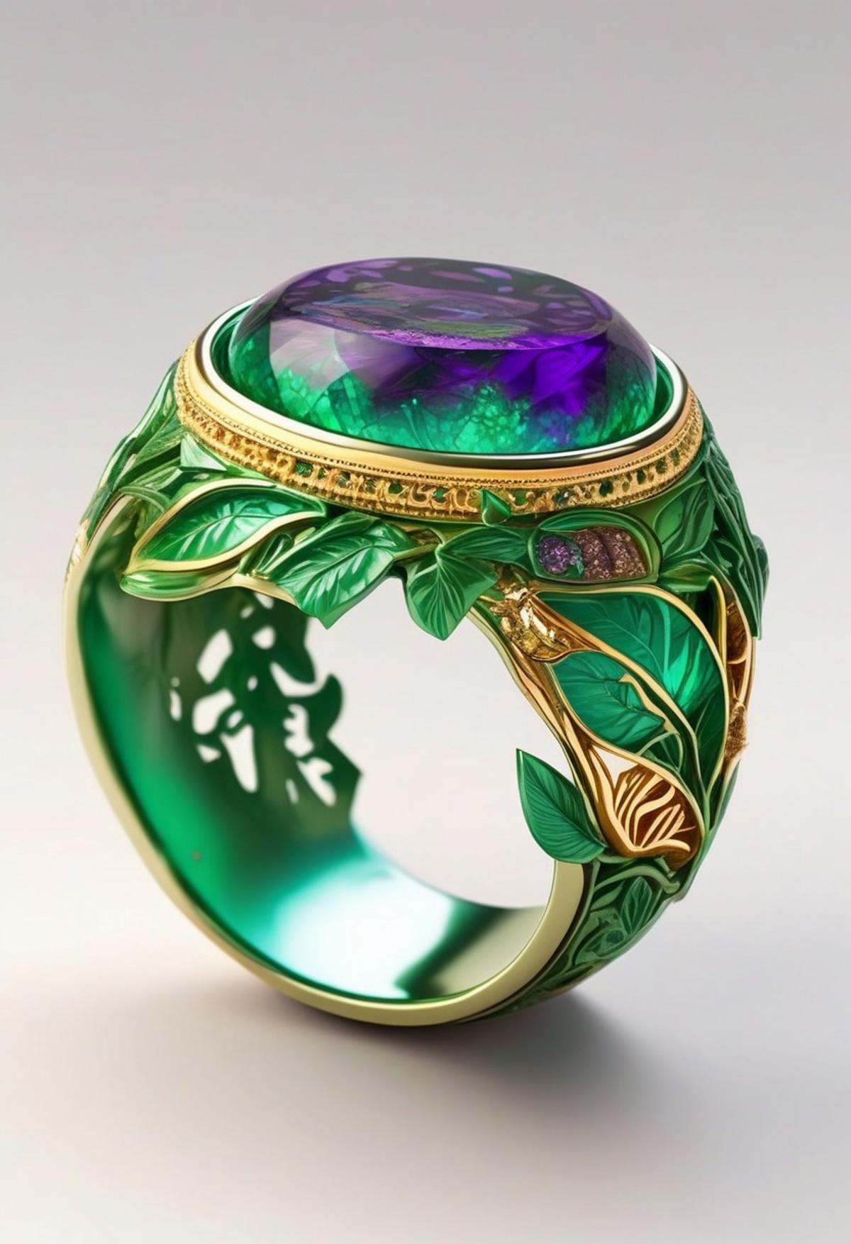 End_JewelryMorph,  a ring with an intricate depiction of the earth inside an inset green and purple stone with gold accent...