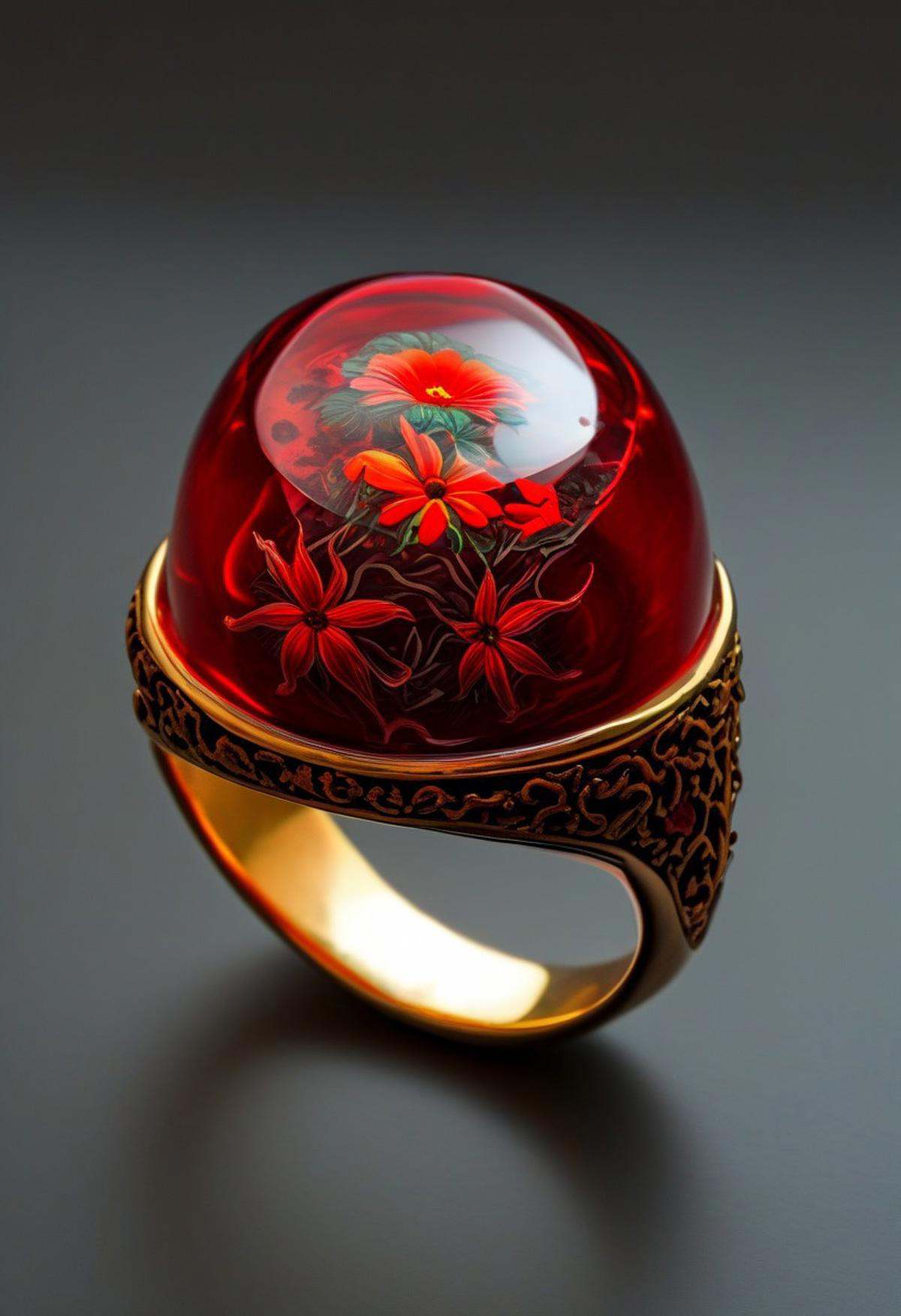 End_JewelryMorph,  a ring with a red flower inside a red glass dome on Tensor.Art