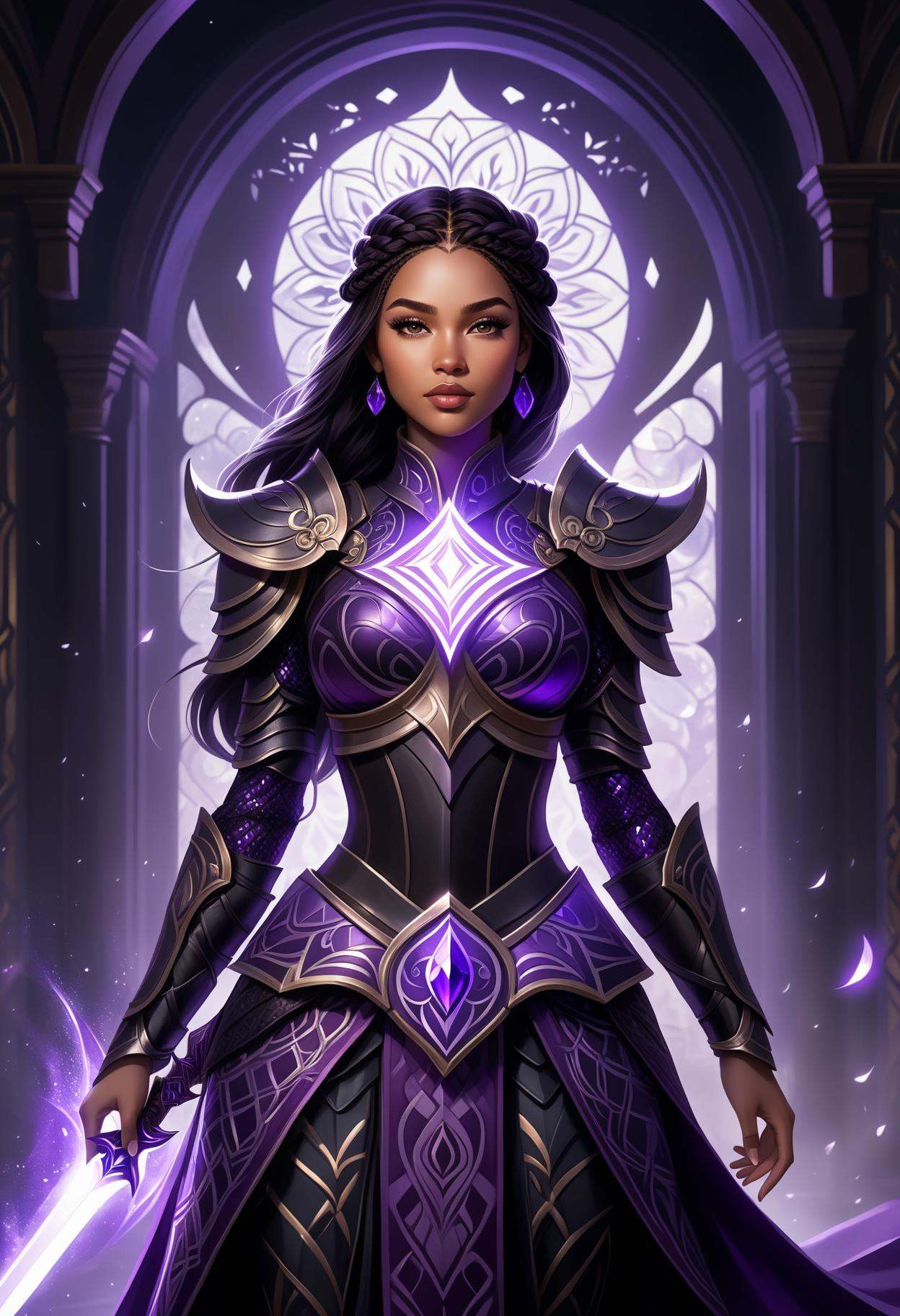 a digital fantasy artwork depicting a fantasy character with a dark,  mystical theme. The character is a girl with light s...