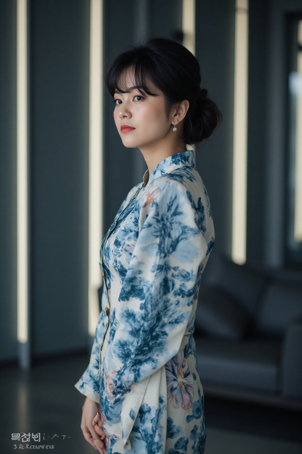 The image shows a woman standing in a modern indoor setting. She is wearing a traditional Chinese-style dress with a flora...