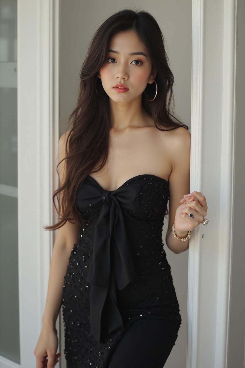The image shows a woman standing in front of an open white door. She is wearing a black strapless dress adorned with sequi...