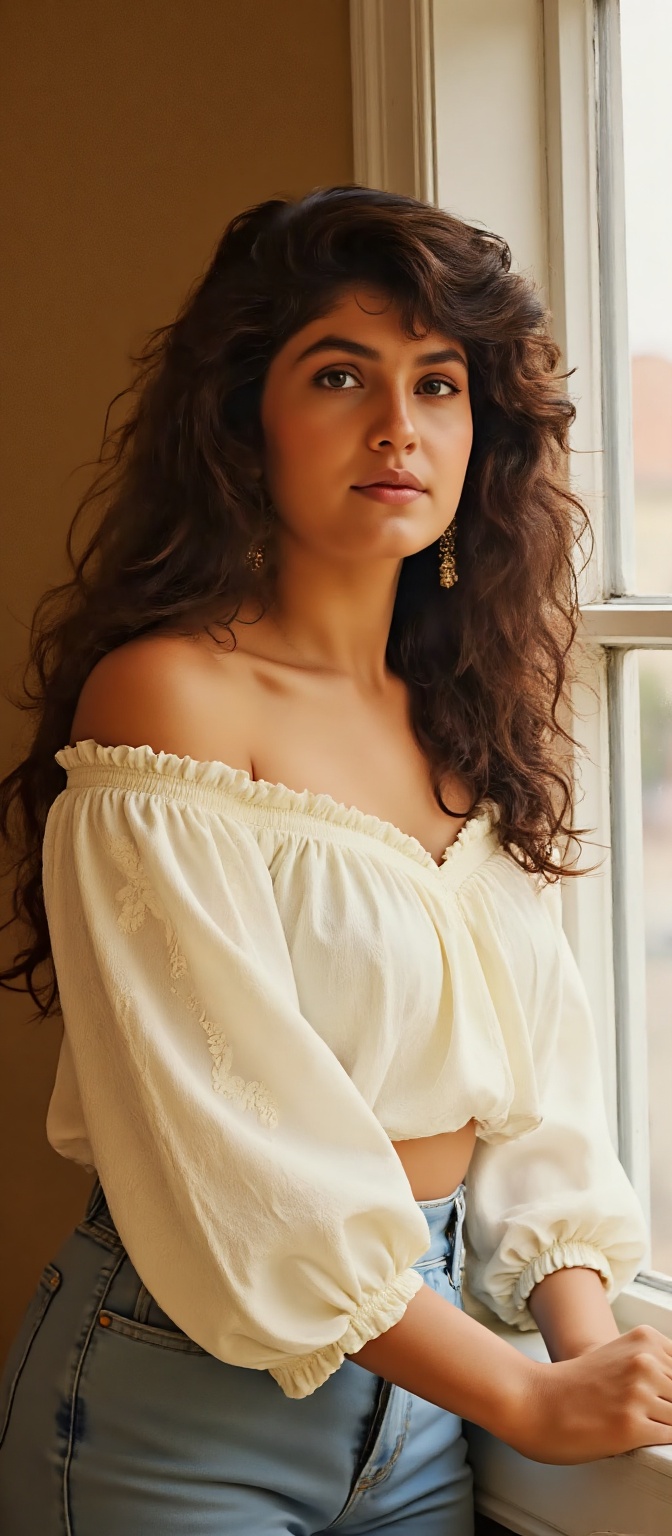 Generate hyper realistic image of a Indian woman with long,  flowing dark brown hair with soft waves that cascade down her...