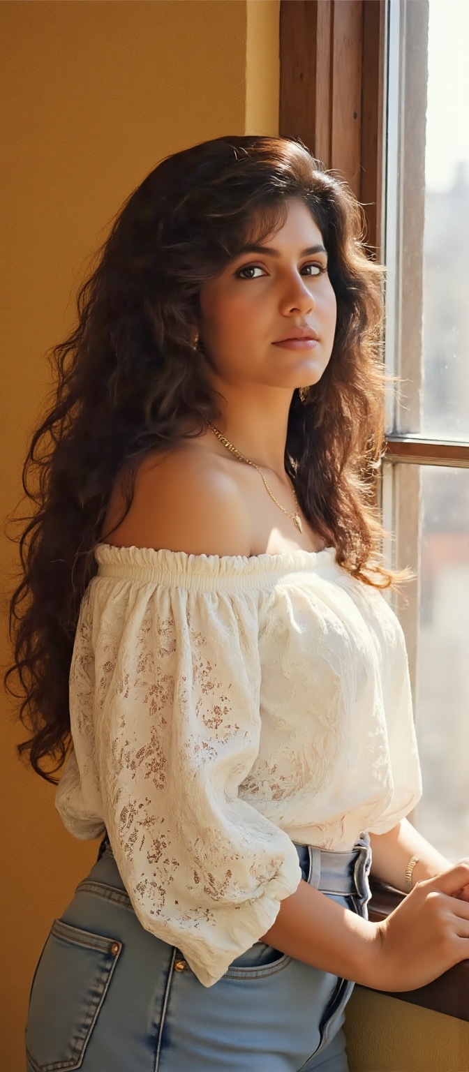 Generate hyper realistic image of a Indian woman with long,  flowing dark brown hair with soft waves that cascade down her...