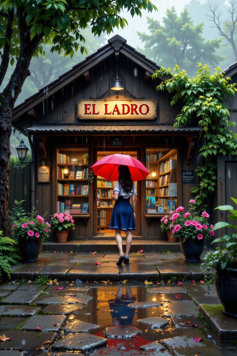 The image depicts a quaint,  rain-soaked scene centered around a small,  charming bookstore. The building is a wooden stru...