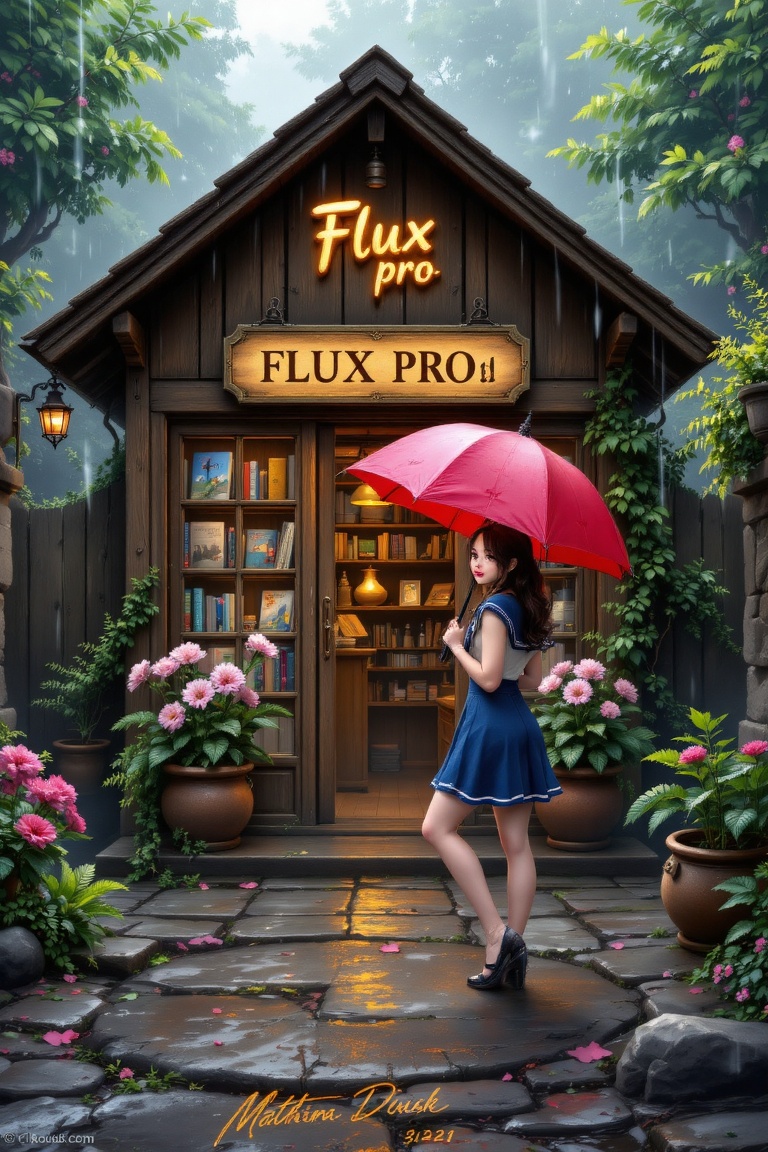 The image depicts a quaint,  rain-soaked scene centered around a small,  charming bookstore. The building is a wooden stru...
