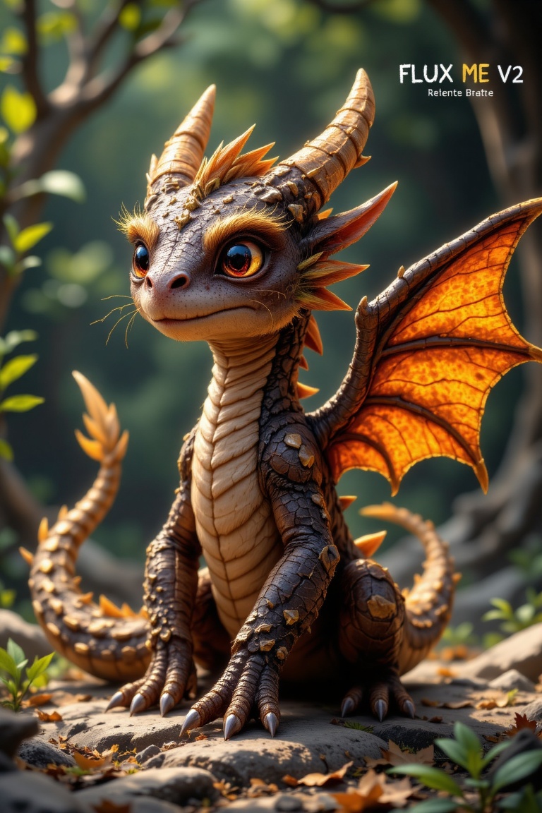 The baby dragon has a body adorned with bark-like scales,  resembling the rugged texture of tree bark. Its wings are veine...
