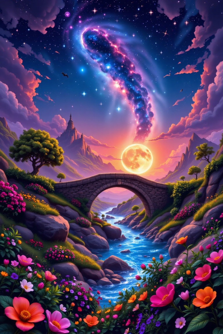 The image depicts a serene and vibrant landscape with a stone bridge arching over a lush,  colorful river. The bridge is s...