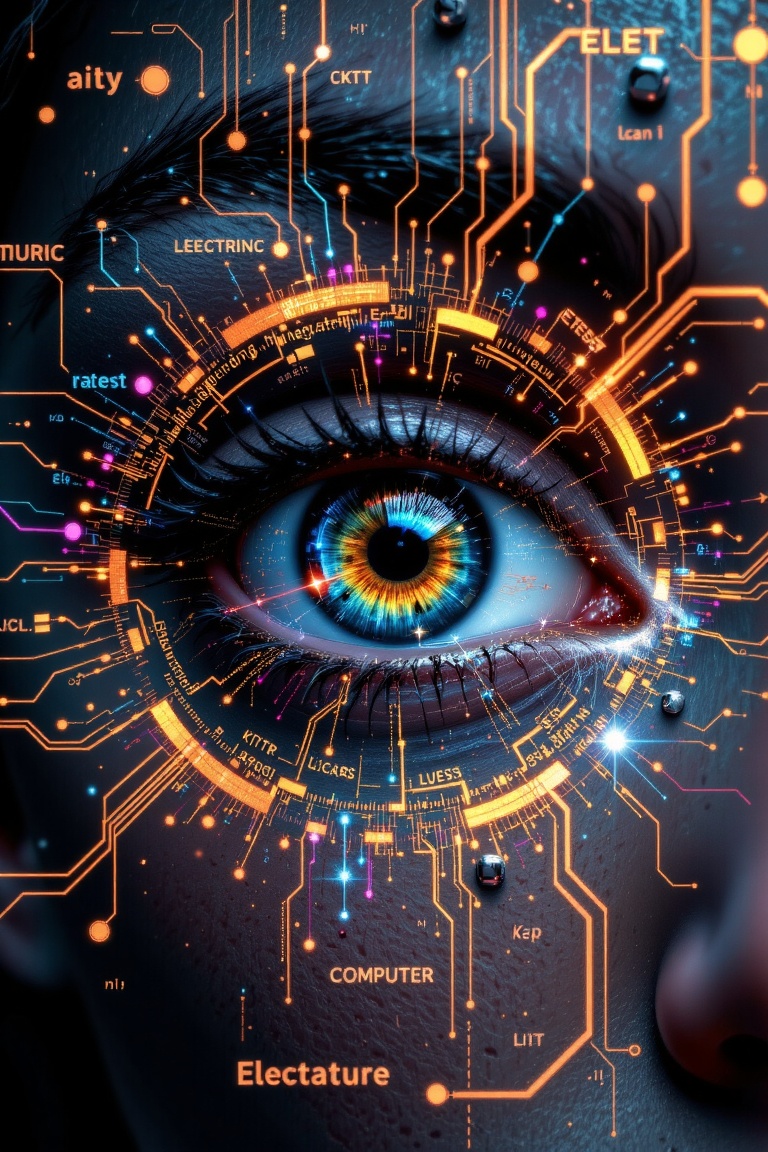 The image depicts a close-up of a human eye,  with a highly stylized and digital overlay. The eye is surrounded by a circu...