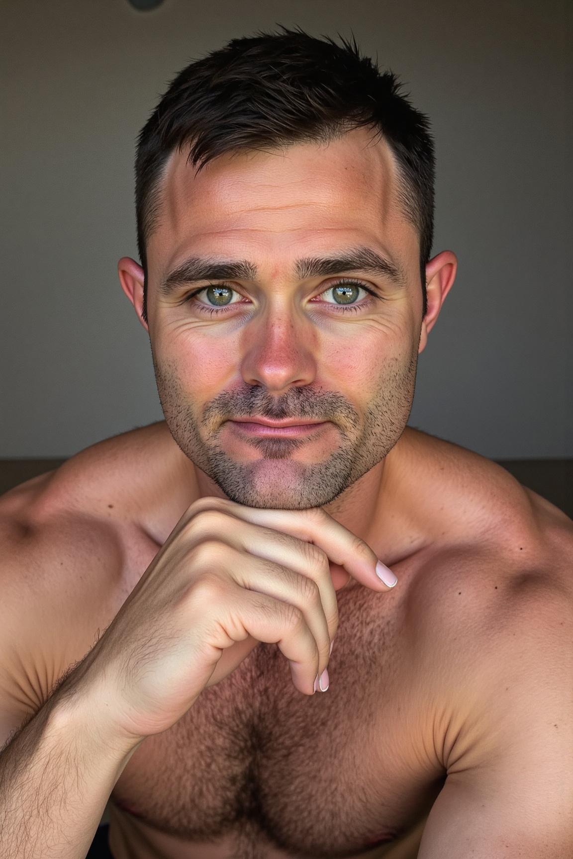 photo of dxh man,  a shirtless man with blue eyes and a contemplative expression. muscular,  fair-skinned with a strong ja...