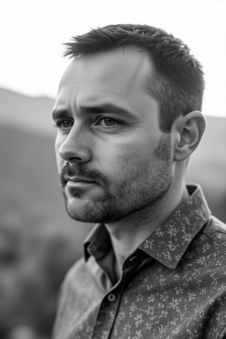 photo of dxh man,  The image is a black-and-white photograph of a man with short hair and a beard,  wearing a patterned sh...