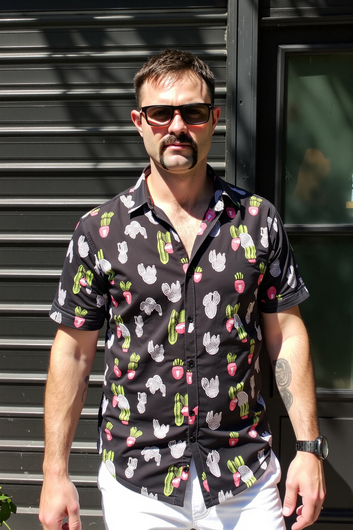 photo of dxh man,  standing outdoors,  in front of a shopfront. The man has short on Tensor.Art