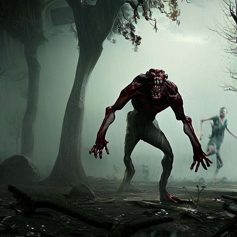 something evil chasing people in the woods,  outside is raining,  night on Tensor.Art