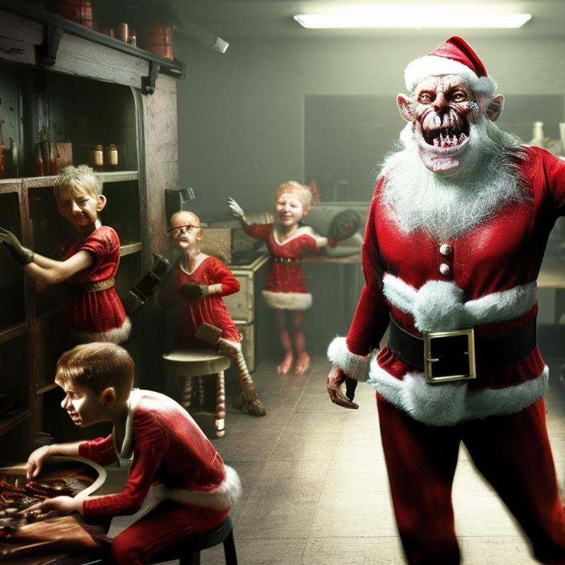 Santa in his workshop surrounded by happy little elves,  photo,  realistic on Tensor.Art