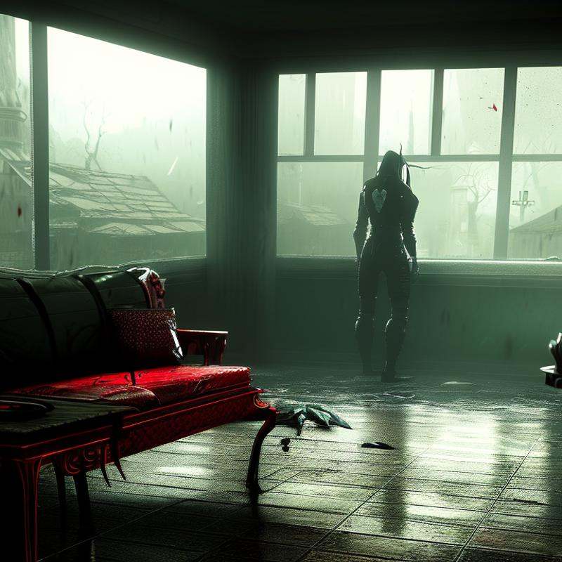 something evil looking in from outside a window,  as seen from inside a cosy living room,  outside is raining on Tensor.Art