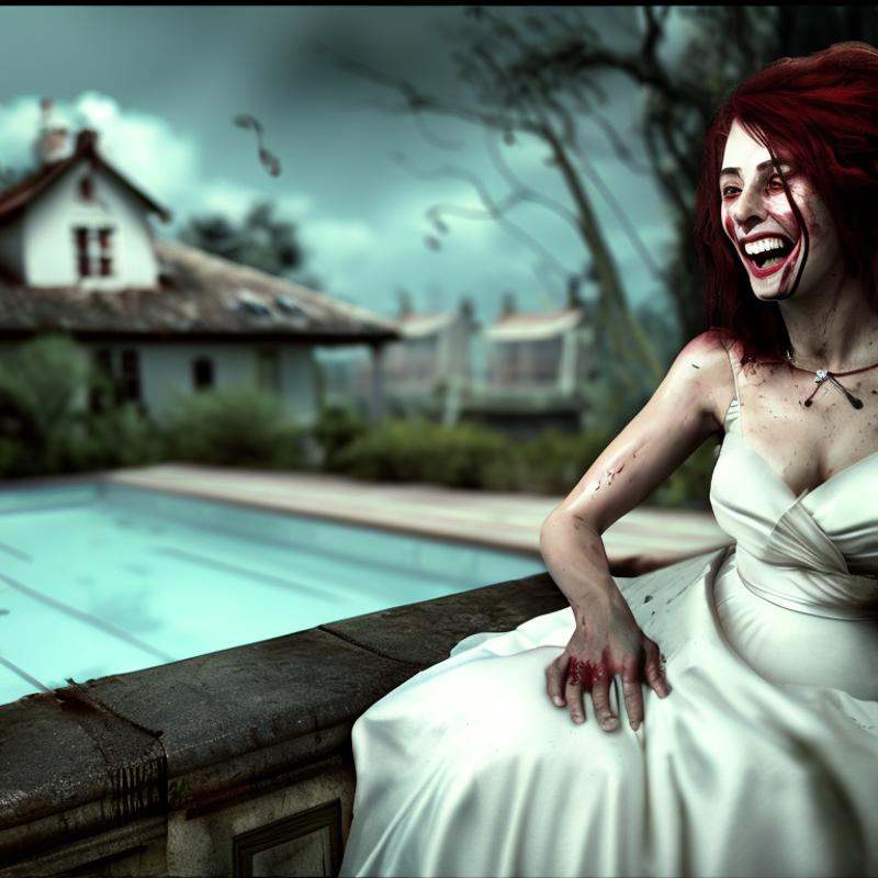 a woman smiling with teeth is in a wedding dress sitting on a ledge in front of a house with a pool behind her,  by Horror...