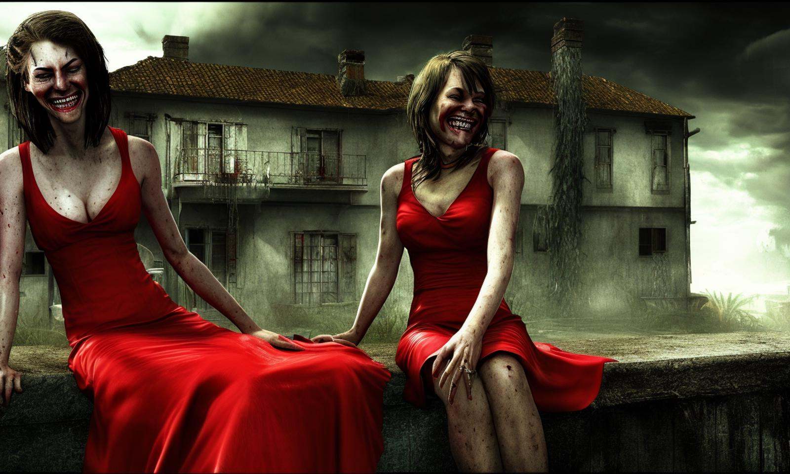 a woman smiling with teeth is in a red dress sitting on a ledge in front of a house with a pool behind her,  by HorrorByDa...
