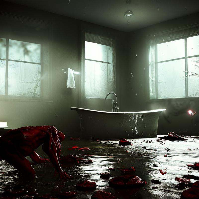 something evil Taking a bath,  as seen from inside a cosy living room,  outside is raining on Tensor.Art