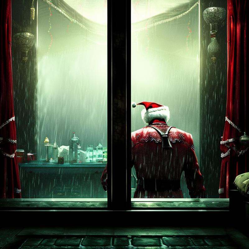 santa looking in through a window,  as seen from inside a cosy living room,  rain on Tensor.Art