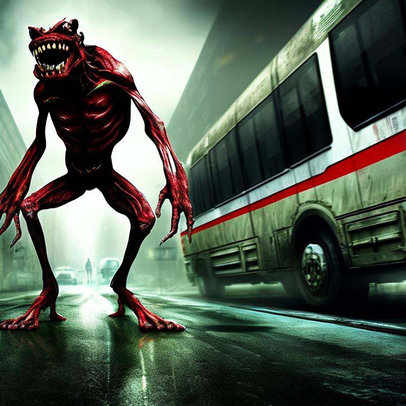 A monster sitting at the back of a buss,  other passengers unaware,  8k on Tensor.Art