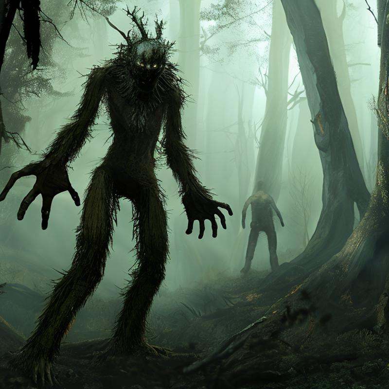 A lone person standing in a spooky forest,  art by ScaryMonstersv2 on Tensor.Art
