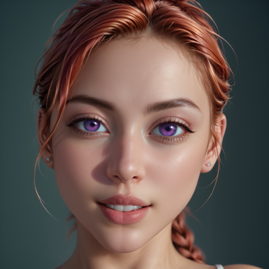 A close-up of a charming young woman with bright eyes and youthful facial features. Her facial expression is calm and coll...