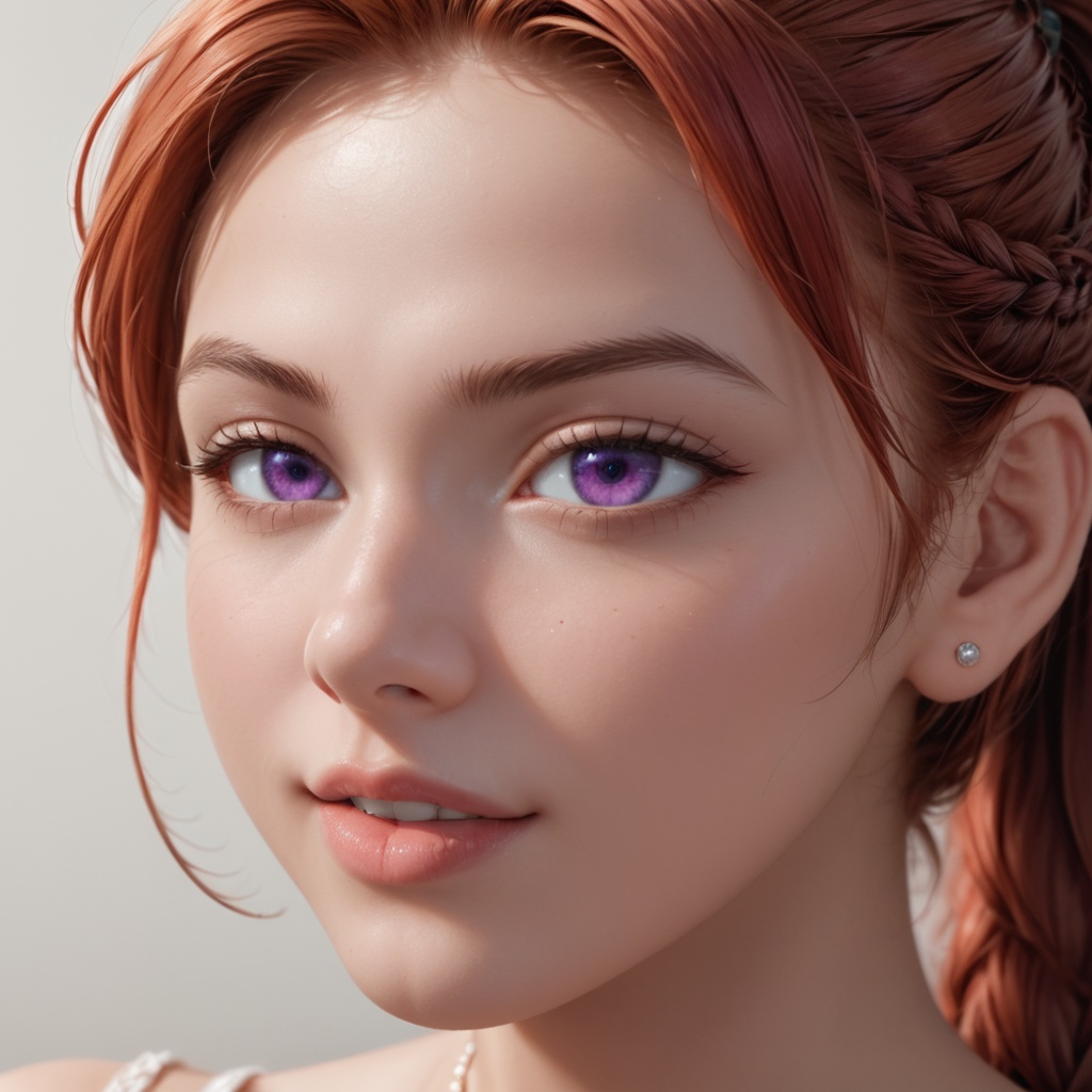 A close-up of a charming young woman with bright eyes and youthful facial features. Her facial expression is calm and coll...