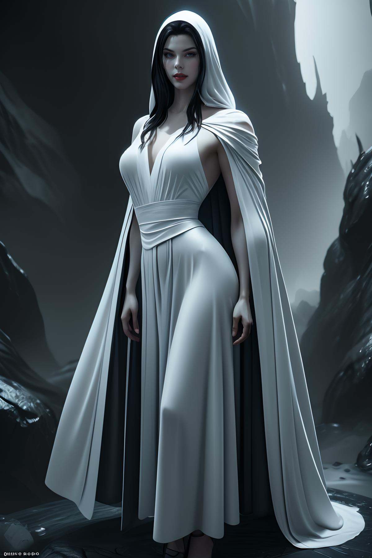 Shelob Woman,  white woveless dress wearing white cloak insanely detailed Lens daz studio ghibli,  Guweiz on Tensor.Art