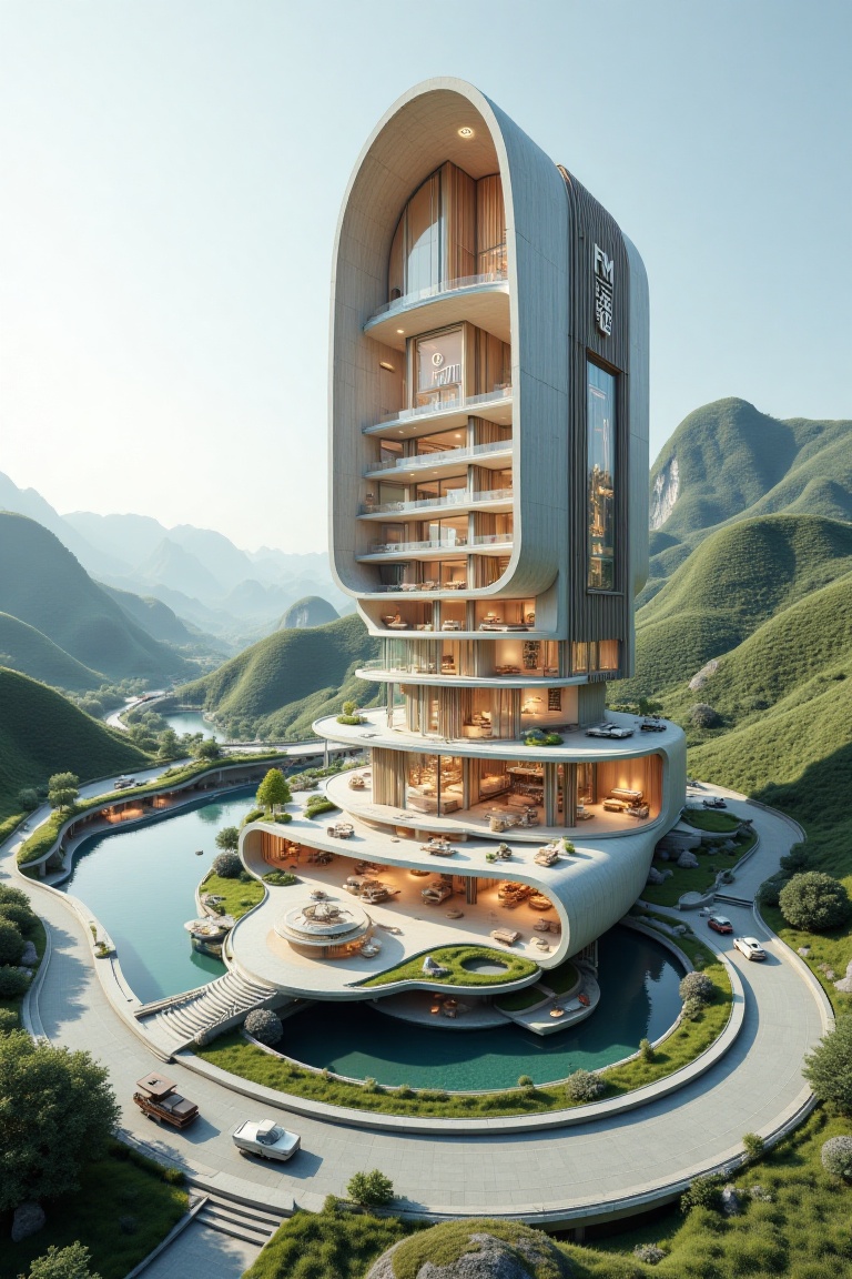 Created a futuristic luxury building design with large glass,  smooth and modern architecture with section,  futuristic to...