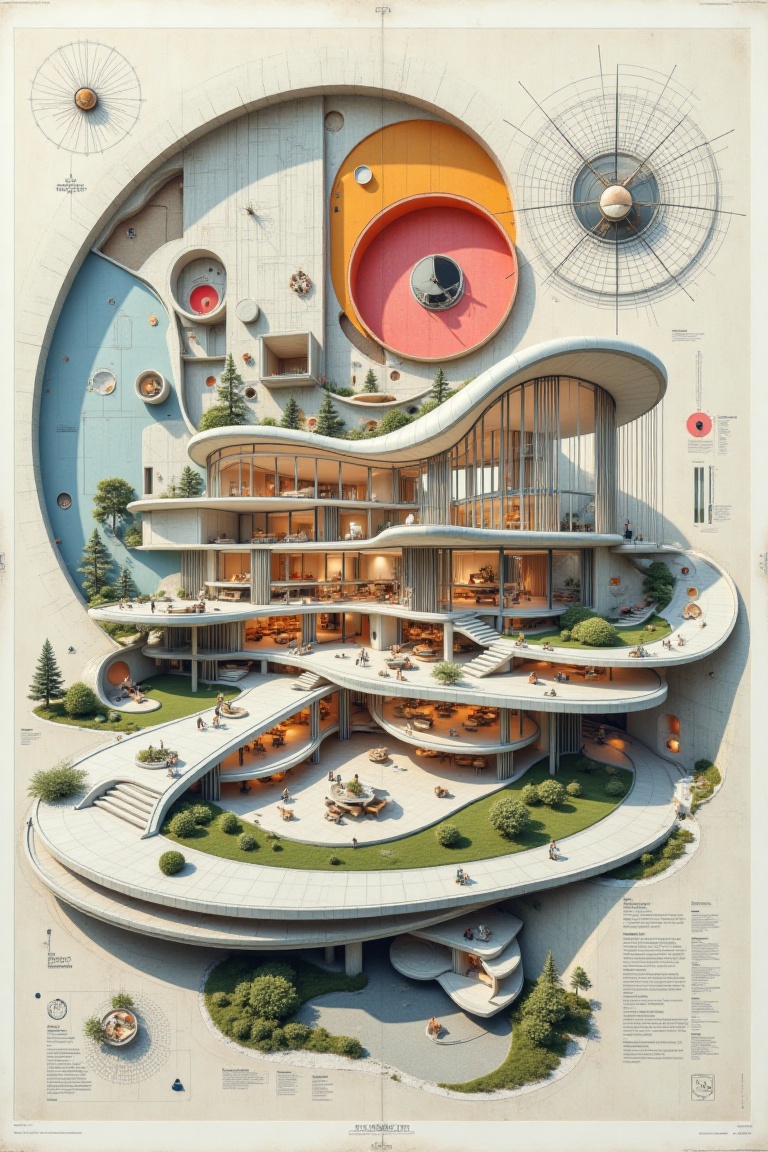 "Create an abstract design collage inspired by modernist deconstructivist architecture,  modern house section with large g...