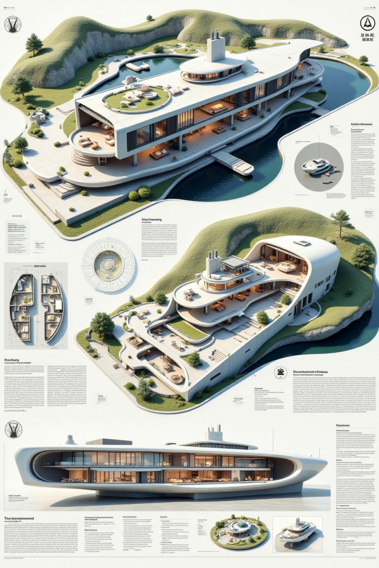 Beautiful modern house with landscape and section design,  like ship(featuring angular shapes and a futuristic aesthetic)...