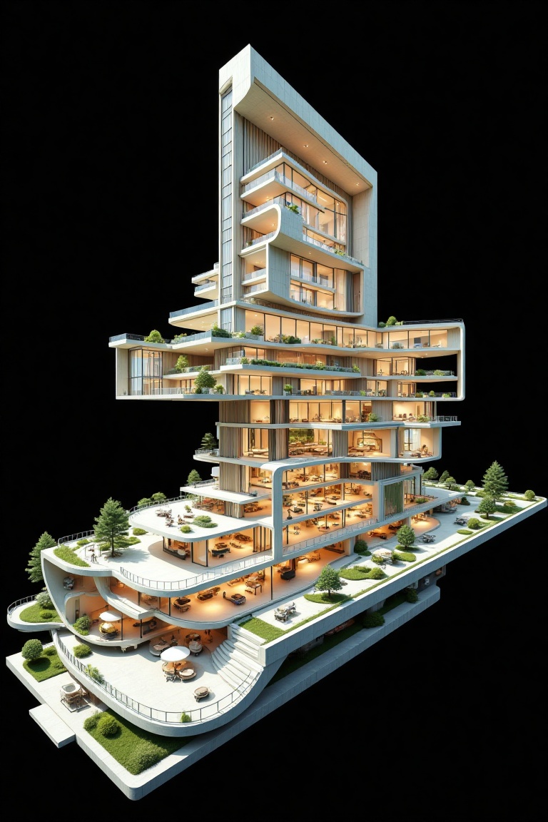 Architectural section cut diagram of a futuristic sustainable and modern building design,  complex interior spaces and bal...