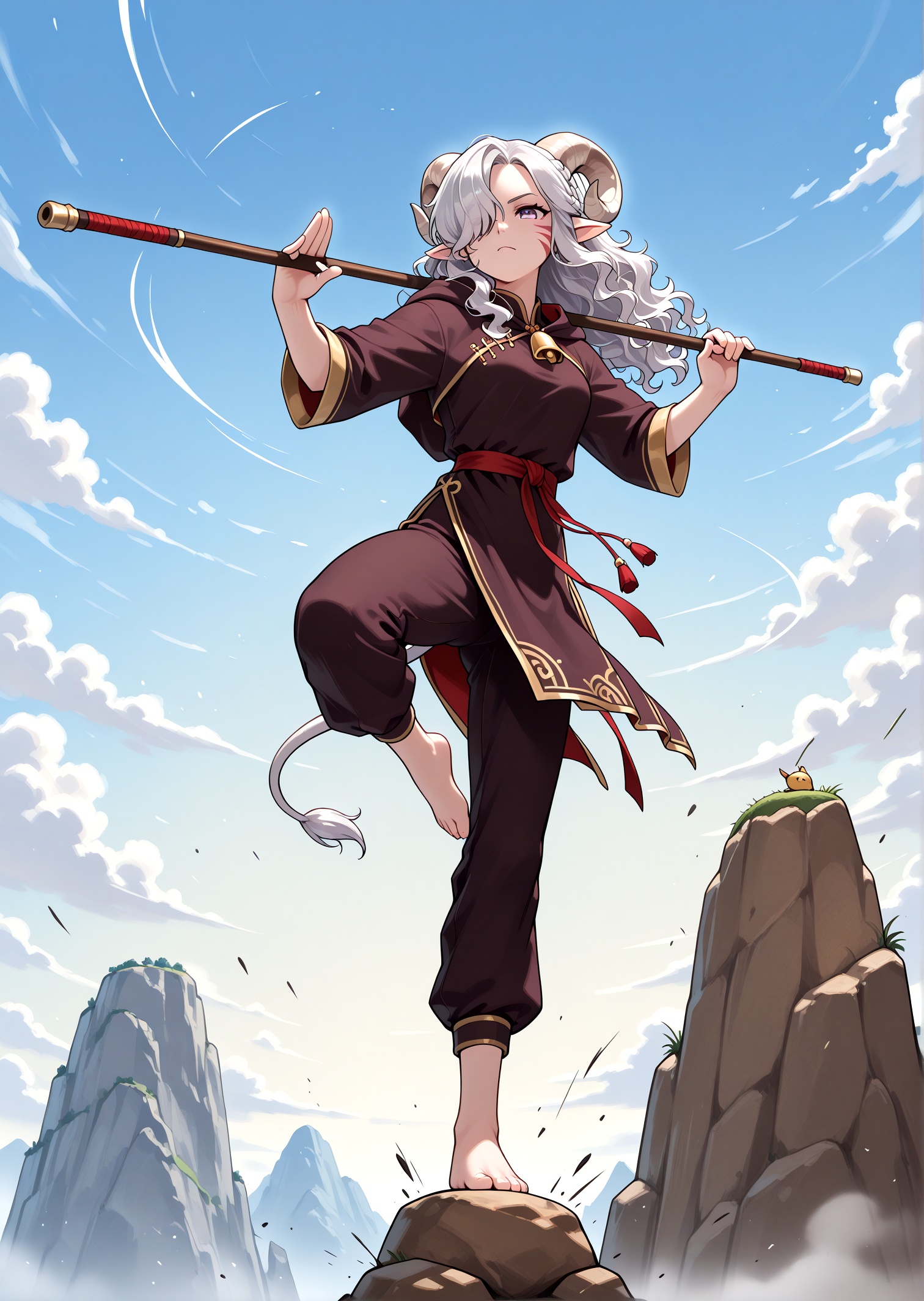 quarterstaff,  solo,  fighting stance on Tensor.Art